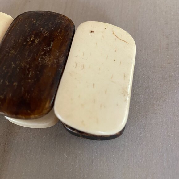 Vintage Brown Cream Chunky Cow Bone Panel Stretch Bracelet Boho Earthy Tribal - Picture 6 of 10